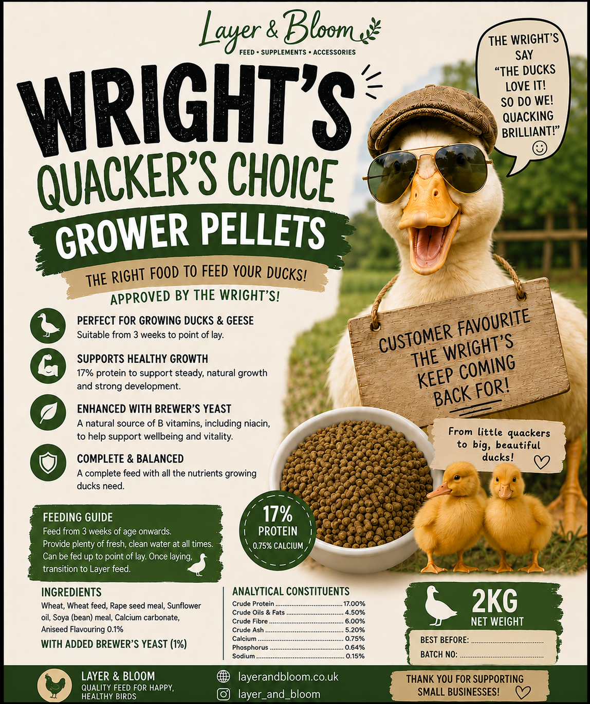 2kg Wright's Quacker's Choice Grower Pellets with Brewer's Yeast