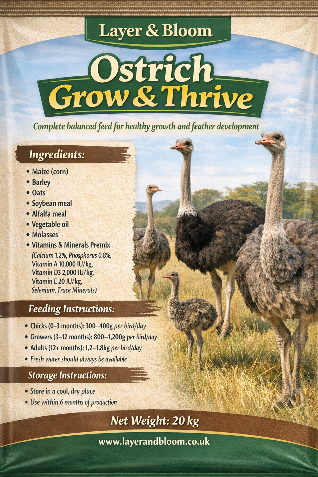 Ostrich Grow & Thrive – Premium Complete Feed (20 kg)